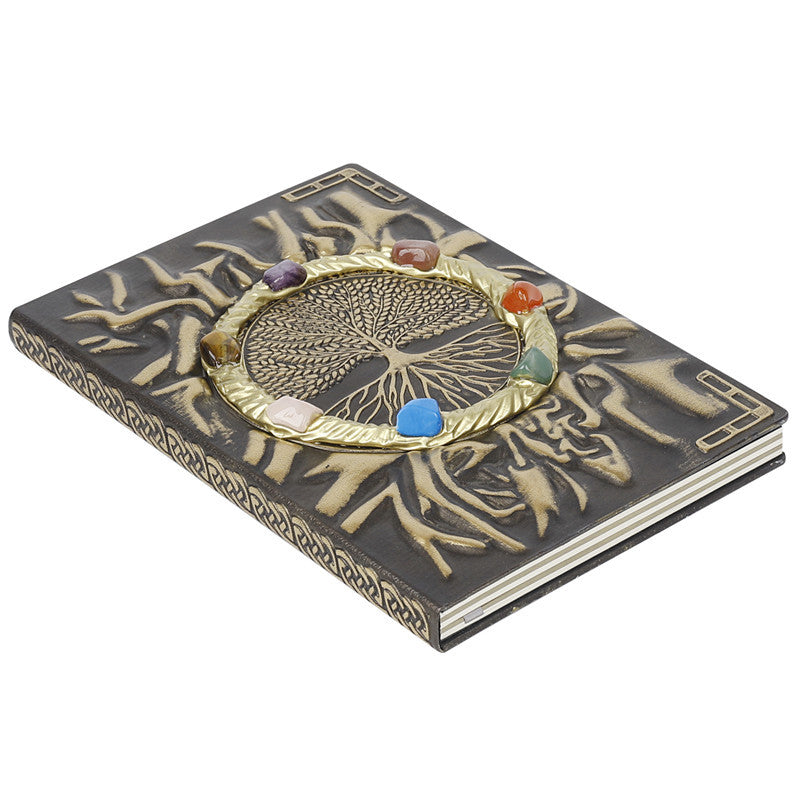 Hand Crafted Natural Crystal Notebook Ring Mixed Gravel Lucky Tree Pattern Inlaid 7 Color